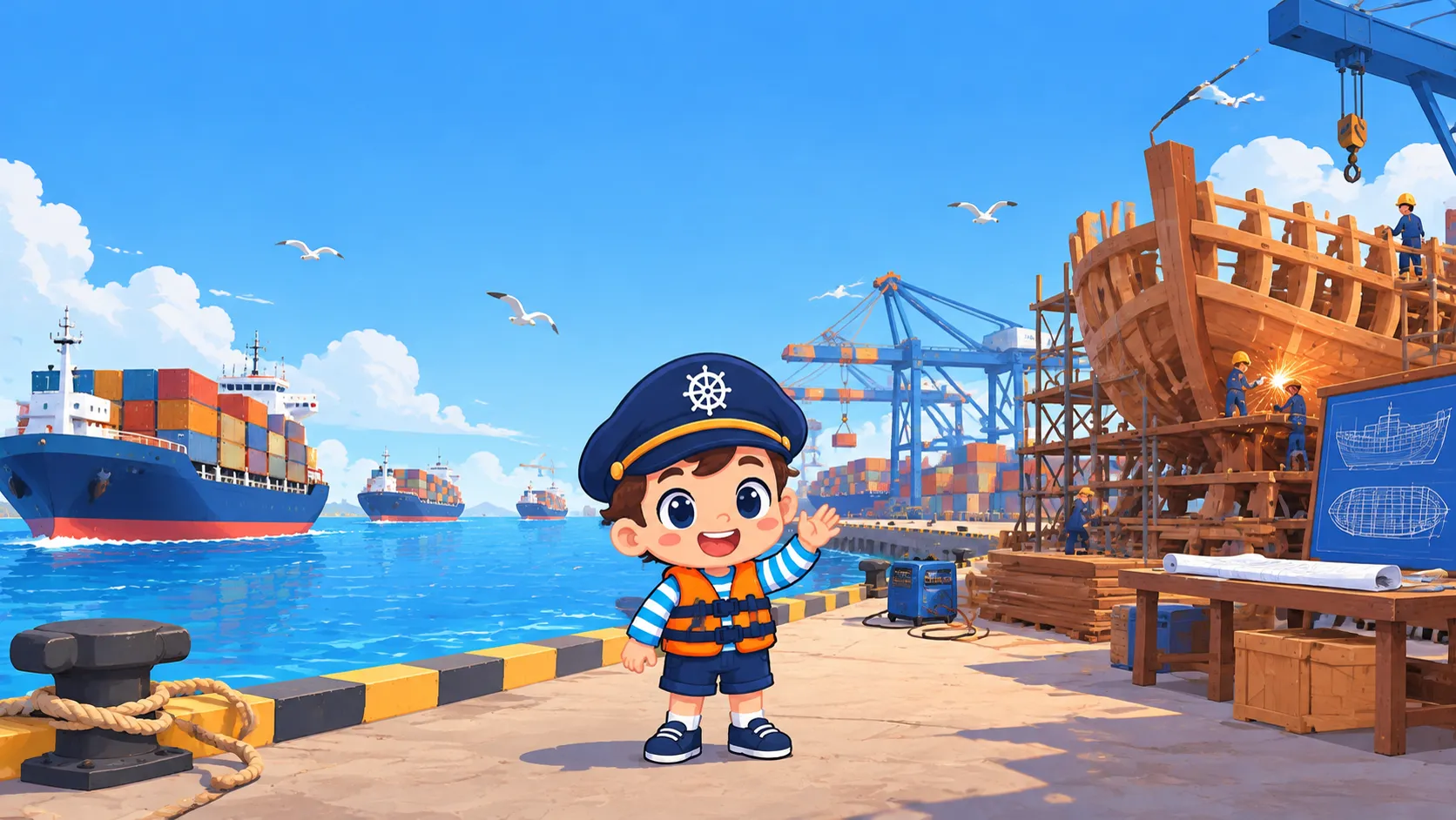 A sunny cargo harbor: container ships on the left, a wooden ship being built on the right, and Captain Kube waving on the quay.